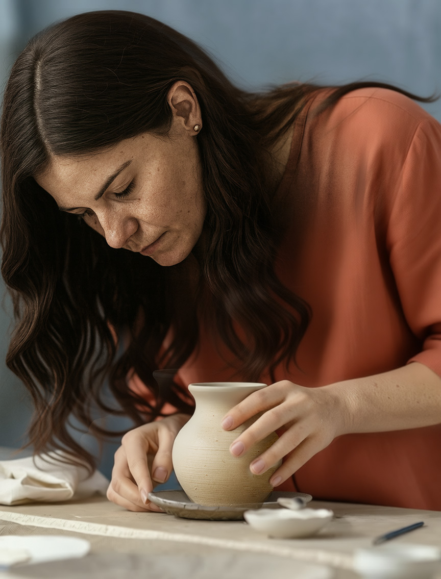 Alumna moldeando barro con las manos durante una clase de cerámica.