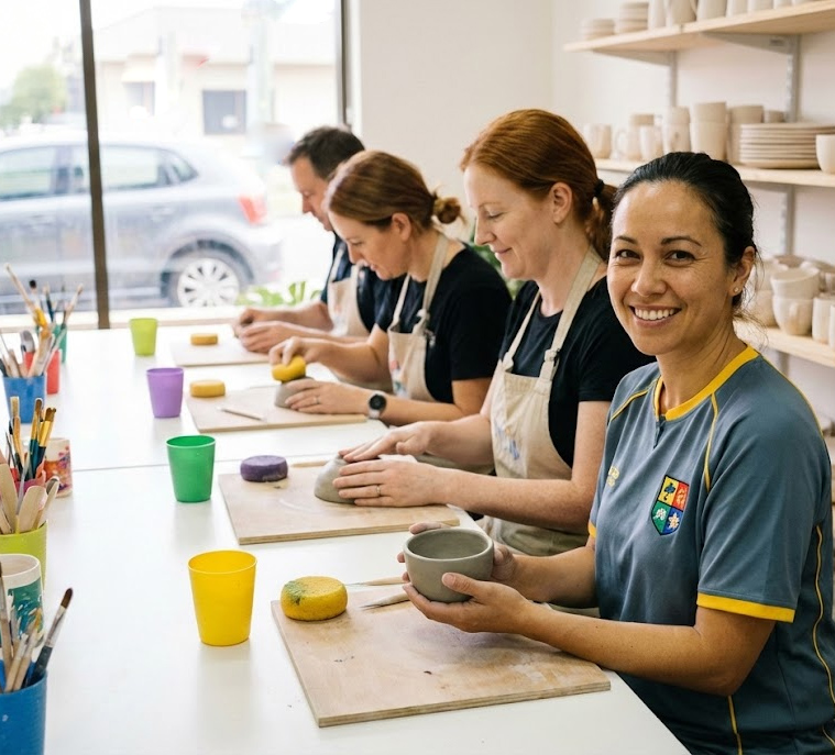 Equipo en taller de cerámica sonriendo con las manos llenas de barro durante una actividad de team building